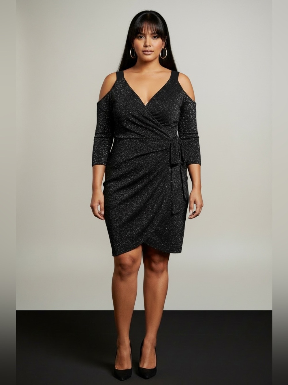 Kiyonna sz 5(X) Black metallic shimmer deep v neck Cold shoulder mock Wrap Dress